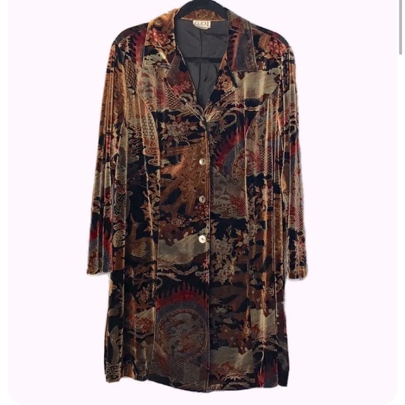 clio II Jackets & Blazers - SOLD- Clio II Tapestry Peacock Floral Button Down Collar Velour Jacket Vintage